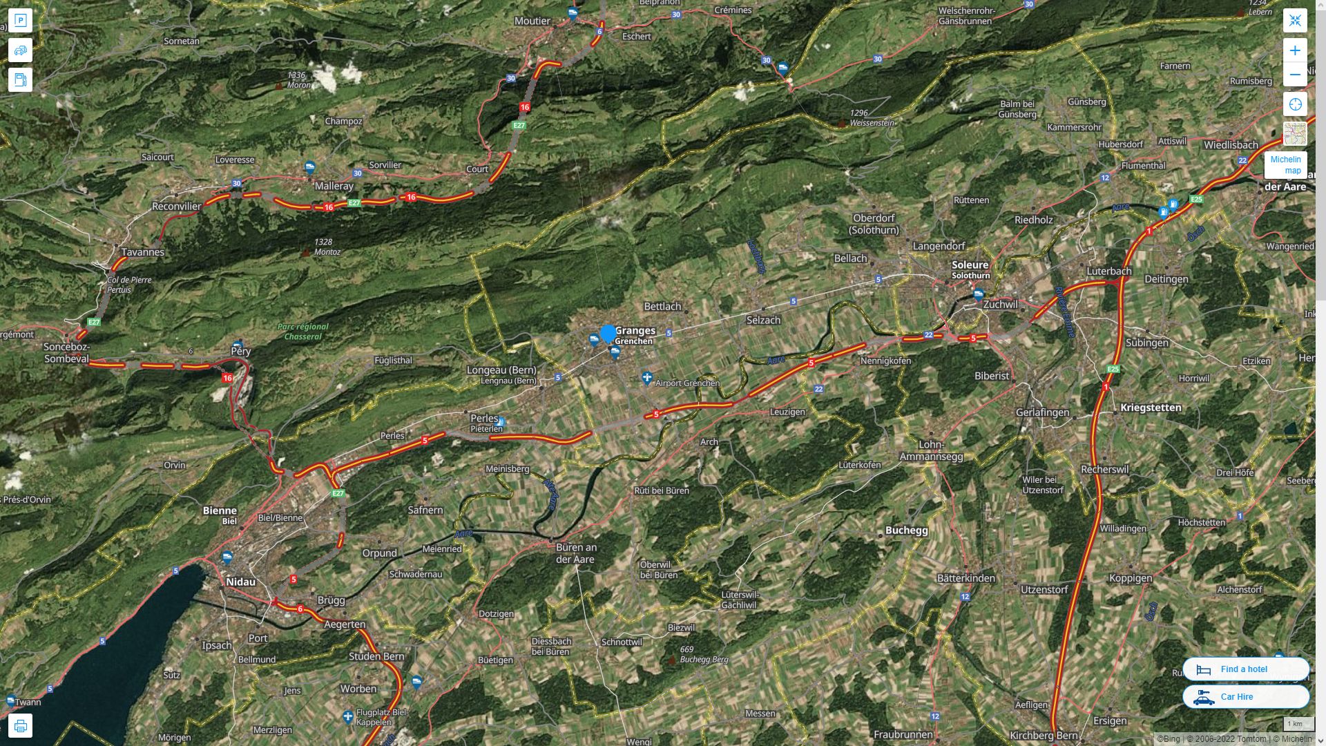 Grenchen Suisse Autoroute et carte routiere avec vue satellite